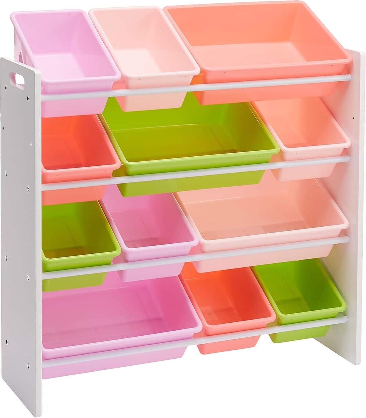 Test Amazon Basics : rangement jouets, 12 bacs roses et bois blanc