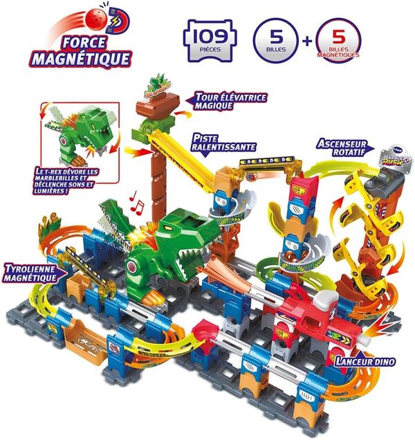 VTech - Marble Rush, Circuit à Billes Électronique Dino Adventure Magnetic Set XL400E, Jeu de Construction Magnétique Dinosaure, 100 Pièces, 10 Billes, Cadeau Enfant Dès 4 Ans - Contenu en Français
