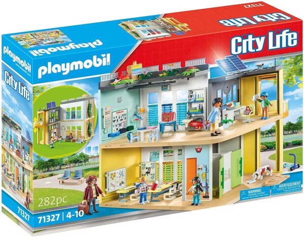Playmobil 71327 Ecole aménagée - City Life - avec Six Personnages, Une école sur Deux étages avec Un Ascenseur, Une terrasse sur Le Toit et Un Chien - Dès 4 Ans