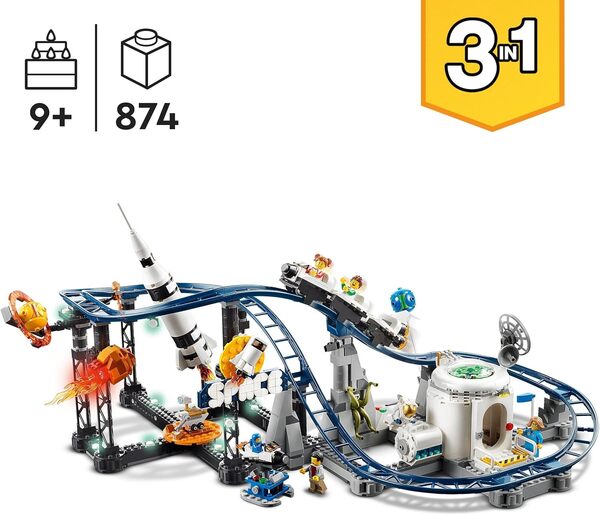 LEGO 31142 Creator Les Montagnes Russes de l’Espace, avec Tour de Chute Libre, Maquette de Manège, Jouet de Construction avec Fusée Spatiale, Planètes et Briques
