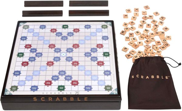 Mattel Games Scrabble Jeu De Société Édition Spéciale 75Ème Anniversaire avec Plateau Tournant en Bois, Lettres Et 2 Modes De Jeu, De 2 À 4 Joueurs, Jouet Enfant, Dès 7 Ans, HPK87
