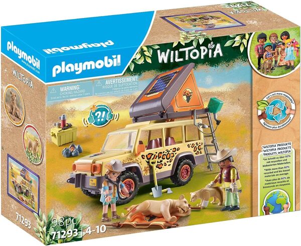 Playmobil 71293 Explorateurs avec véhicule Tout Terrain - Wiltopia - avec Deux Personnages et Deux Lions - Gamme Wiltopia avec Plus de 80% de matériaux recyclés ou biosourcés en Moyenne - Dès 4 Ans