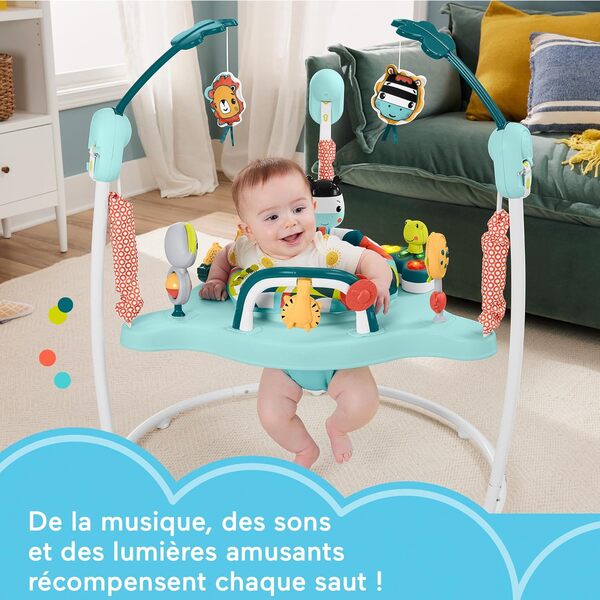 Fisher-Price Nacelle à oscillation verticale Jumperoo Coins Colorés Centre d’activités avec musique, sons, lumières et jeux d’éveil, HNX59