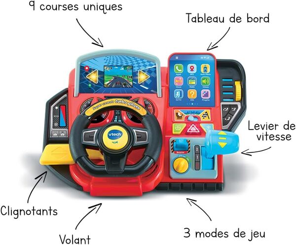 VTech - Super Console Turbo Pilote, Simulateur de Conduite avec Écran Couleur et Tableau de Bord, Courses de Voitures, Apprentissages et Jeux, Cadeau Enfant de 3 Ans à 8 Ans - Contenu en Français