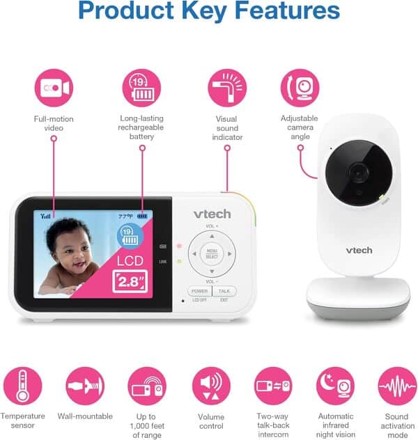 VTech VM819 Moniteur vidéo pour bébé avec autonomie de 19 Heures 304,8 m Vision Nocturne Automatique Écran 7,1 cm Audio 2 Voies Capteur de température Mode économie d'énergie et Lullabes, Blanc