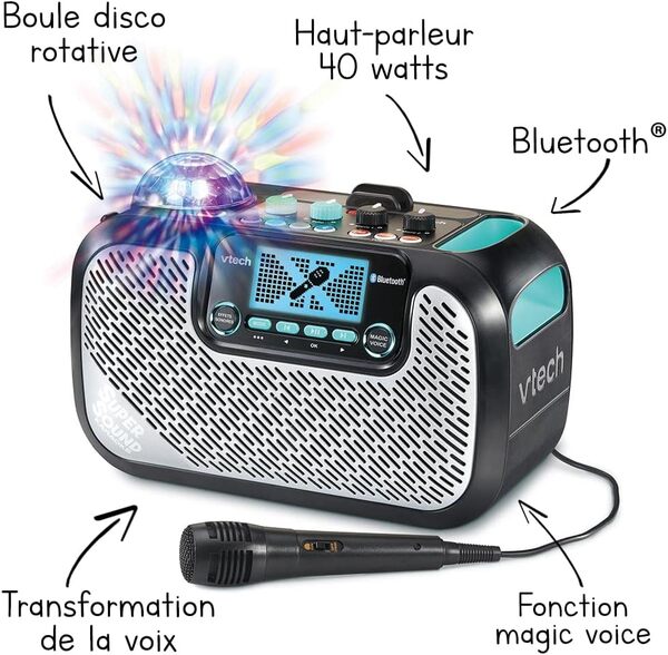 VTech - SuperSound Karaoke, Enceinte Karaoké Enfant avec Micro, Boule Disco Lumineuse Rotative, Bluetooth, Prise Jack pour Casque, Apprentissage du Chant, Cadeau Enfant Dès 5 Ans - Contenu en Français