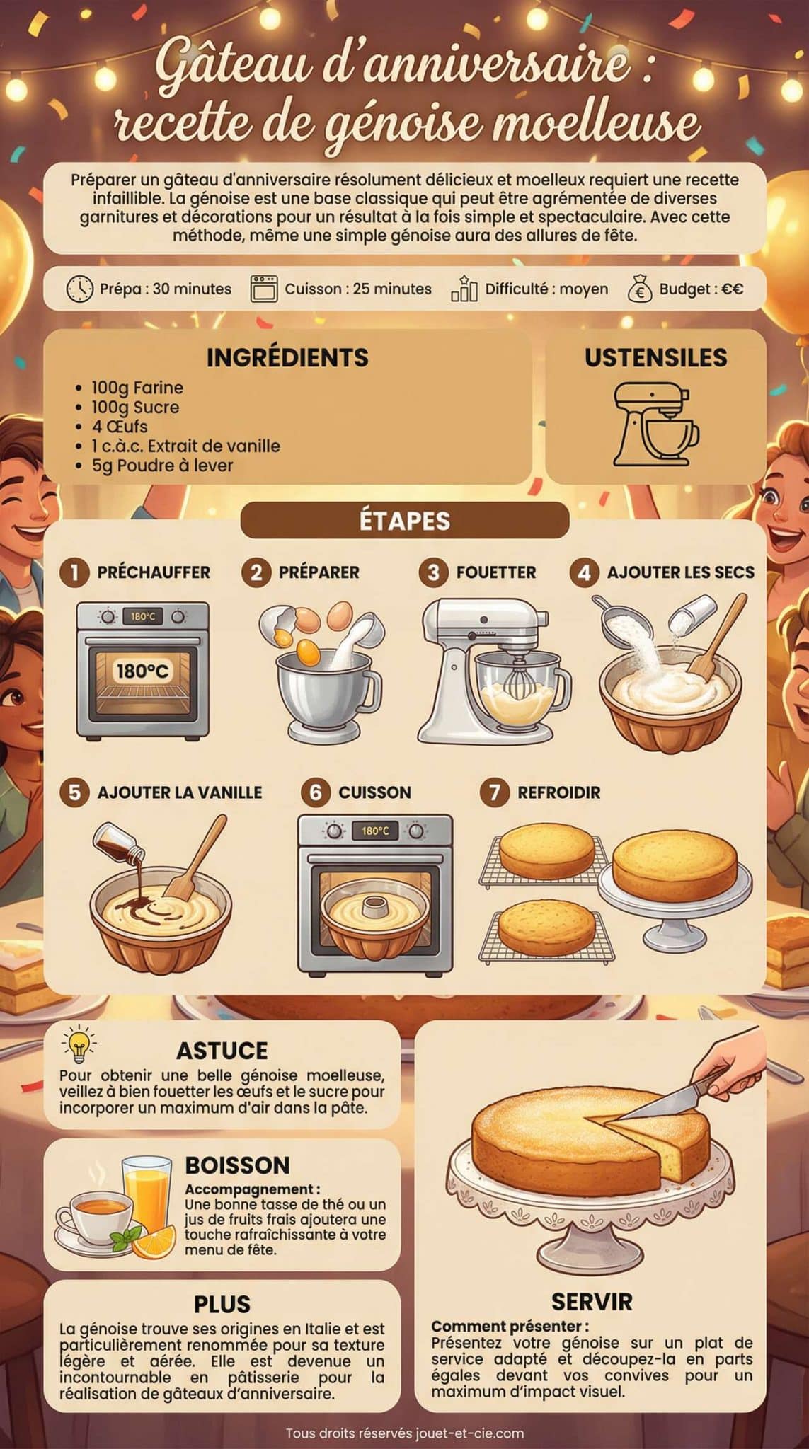 Infographie de la recette G&acirc;teau d'anniversaire : recette de g&eacute;noise moelleuse