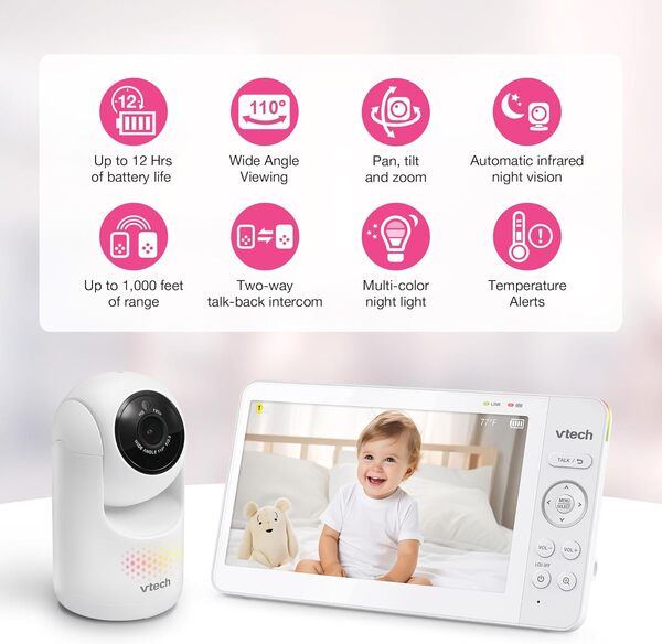 VTech Advanced HQ MAX Moniteur vidéo numérique pour bébé de 7 pouces avec zoom panoramique, batterie longue durée de 5000 mAh, affichage IPS, contrôle tactile, lumière nocturne multicolore,
