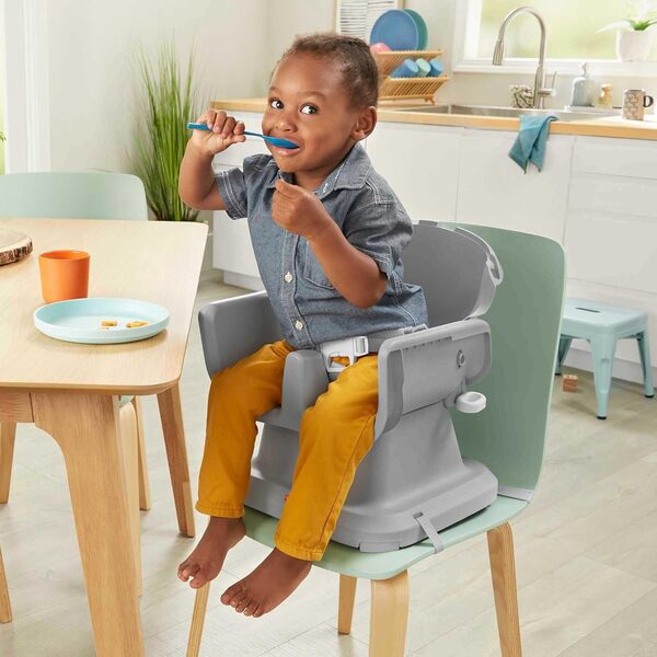 Fisher-Price SpaceSaver High Chair Navy Foliage, portable infant-to-toddler dining chair and booster seat with easy clean up features